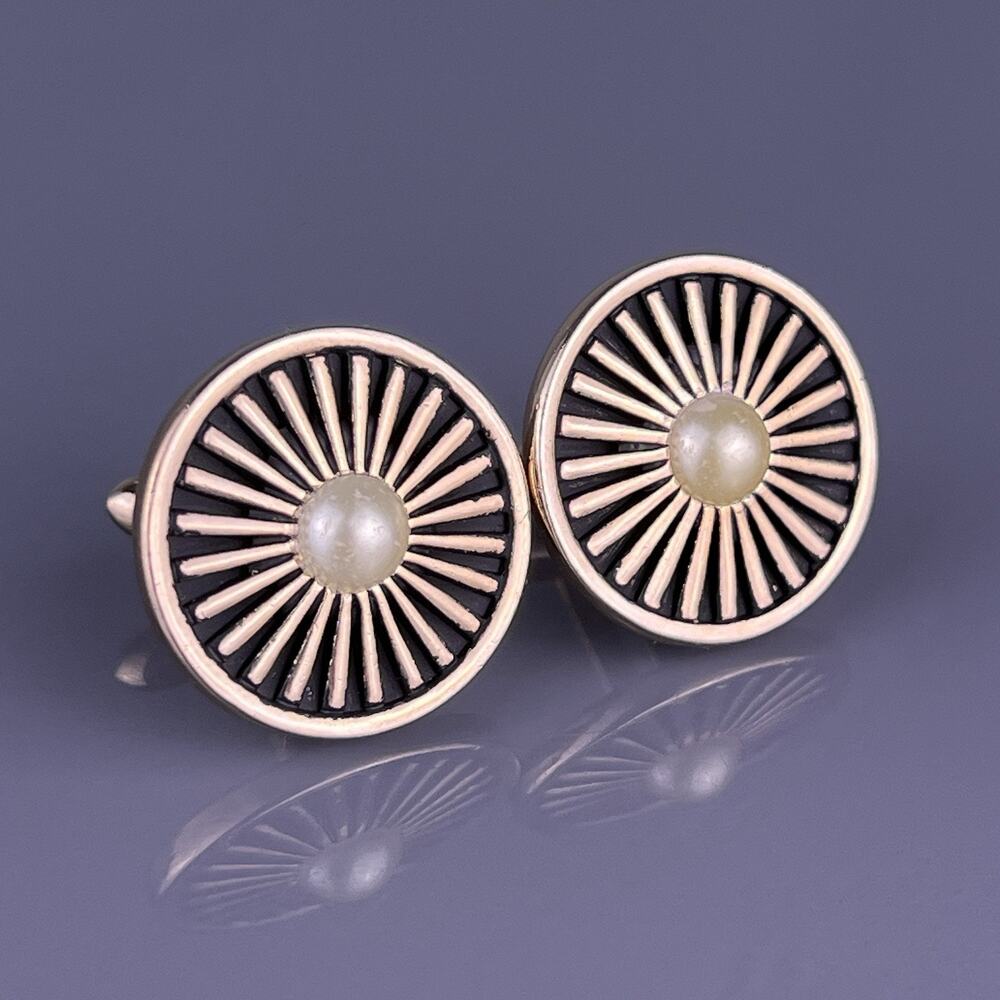 Round Rays Faux Pearl Cufflinks Gold Tone Lines Shield Wheel Vintage